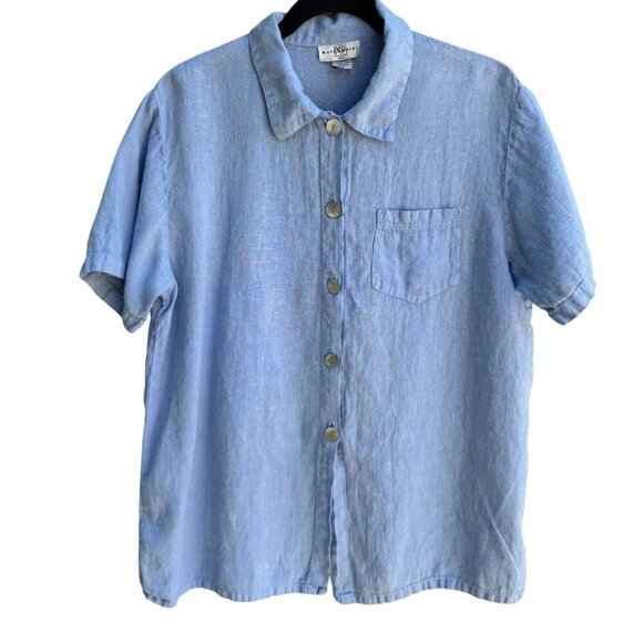 Match Point Vintage Womens Light Blue Linen Shell Buttons Short Sleeve Shirt M - Picture 1 of 9